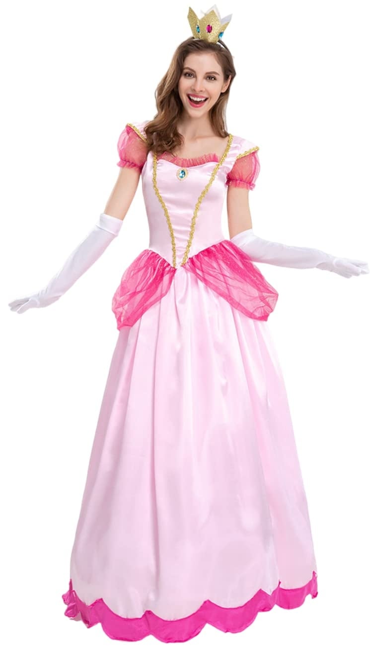 YEAJION Prinzessin Peach Kostüm Damen Cosplay Prinzessin Peach Lang Abendkleider und Krone Handschuhe Anzug für Verkleidung Halloween Weihnachten Karneval Geburtstagsfeier Outfits Rosa Größe S-3XL