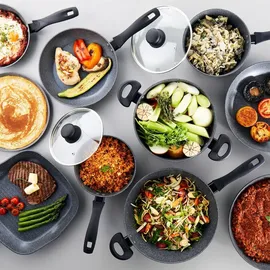 ultimate products ltd. RUSSEL Hobbs Metallic Marble Kochpfannen-Set - Antihaft-Küchengeschirr, Deckel aus gehärtetem Glas mit Dampfschlitzen, Induktionskochfeld geeignet