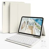 JKSML Hülle mit Tastatur für iPad (A16) 11 Zoll 2025 & iPad 10 Generation 10,9 Zoll 2022, Bluetooth QWERTZ Tastatur Hülle mit Pencil Halter, Soft TPU Rückseite Gehäuse, Auto Schlafen/Wecken, Creme