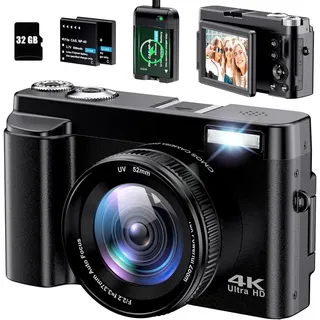 gowenic 4K-Digitalkamera, 48 MP Vlogging-Kamera mit Fülllicht, Tragbare für Fotografie, 3,0-Zoll-LCD-4K-Vlogging-Kamera, Videokamera, 16-facher Digitalzoom, Verhindert Verwacklungen, 3,0-Zoll-Klappbildschirm, Blinklicht, Timer-Funktion 1300-mAh-Akku Vlogging 