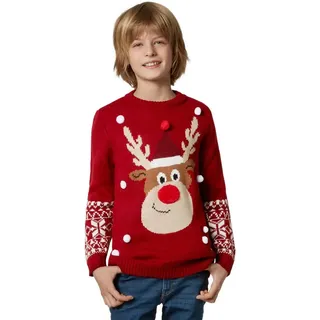 dressforfun Weihnachtspullover Rudi Rentier mit angenähten Schneeflocken, rot - Diverse Größen - (104 | Nr. 303320)