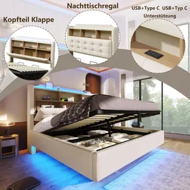 stilvora Polsterbett 140x200 cm mit LED-Lichtleiste und hydraulischem Stauraum, Doppelbett mit Staufächern und schwebendem Design, Jugendbett mit ... - Beige