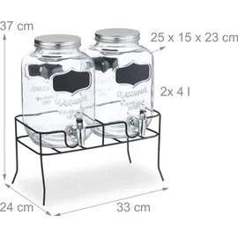 Relaxdays Getränkespender mit Ständer, 2er Set, Limobehälter 4L, Zapfhahn und Deckel, Wasserspender, Glas, transparent - Transparent