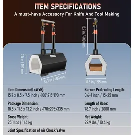 Vevor Gas Schmiedeofen Sechseck, 400 x 215 x 190 mm Gas Schmiede mit Doppelbrenner, Gold, Messing, Bronze, Magnesium, Aluminium, Zinn und Edelstahl, Gas Propan Forge Schmiedeofen 2 m Gasschlauch