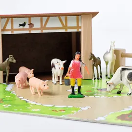 Eichhorn Bauernhof 100004309 - Bauernhof bestehend aus 2 Gebäuden, Spielplatte, Figuren, Tiere, Zäune, 20 teilig, Größe 36x51cm, Buchenholz, für Kinder ab 3 Jahren
