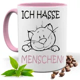 Blickfang Lustige Tasse mit Spruch |ICH HASSE MENSCHEN | Katze| Kakao- Kaffee- Tee- Fototasse| Geschenke für männer frauen | Keramik Tasse |Spülmaschinenfest (Rosa)