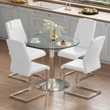 MODFU Esszimmerstuhl Set,4er-Set Weiß Küchenstuhl und Transparenter Glastisch,Esstisch 85 cm mit silbernen Metallbasis,mit silbernen bogenförmig... - Weiß