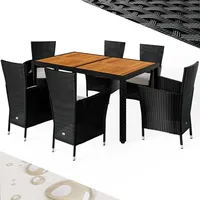 CASARIA CASARIA® Gartenmöbel Set 6 Stühle inkl. 7cm Polster Tisch 150x90cm Polyrattan wetterfest stapelbar Outdoor Balkon Terrasse 160kg belastbar modernes Akazienholz Schwarz