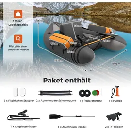 Costway Schlauchboot aufblasbar bis 150kg, Angelboot mit verstellbarer Rückenlehne, Pumpe, Paddel & Gurte, Fischerboot für Erwachsene 135x109x54cm - Grau