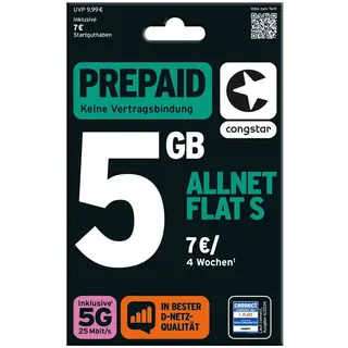 Congstar Prepaid ALLNET S, SIM-Karte ohne Vertrag, 5G mit 25 Mbit/s Prepaidkarte, (EU-Roaming inkl. CH, 14 € Startguthaben)