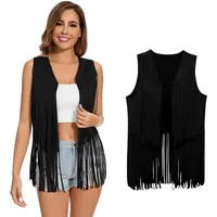 XonyiCos Damen Fringe Weste 70er Jahre 60er Jahre Hippie Westes Ärmellose Cowgirl Western Faux Wildleder Quaste Lederjacke Karneval und Rollenspiele Kostüme (Schwarze Quaste Weste, XXL) - XXL