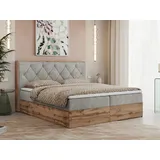MKS MEBLE Boxspringbett 180x200 mit Bettkasten Eiche, Polsterbett 180x200 mit Matratze H3, Bett 180x200 mit Kopfteil, Bett mit Holzrahmen in Wotan ... - Hellgrau
