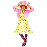 Foxxeo Lustiges gelbes Clown Kostüm mit bunten Punkten für Damen Fasching Karneval Set bestehend aus KleidJackeHutStrumpfhoseFliege Größe S
