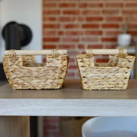 HMF Aufbewahrungskorb Badezimmer geflochten aus Wasserhyazinthe mit Holzgriffen 32 x 22 x 12 cm beige