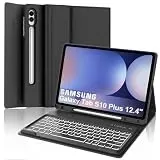 Tastatur für Samsung Galaxy Tab S10+/S9FE+/S9+, Hülle Tastatur Kompatibel mit Samsung Tab S9/S9FE/S10 Plus 12.4 Zoll 2023/2024, 7-Farbige Beleuchtung Bluetooth Magnetisch mit QWERTZ Layout, Schwarz