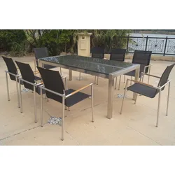 OUTFLEXX Garten-Essgruppe, grau/anthrazit, Edelstahl/Textilene/Granit/Teak, Tisch 200x100cm, 8 Diningsessel