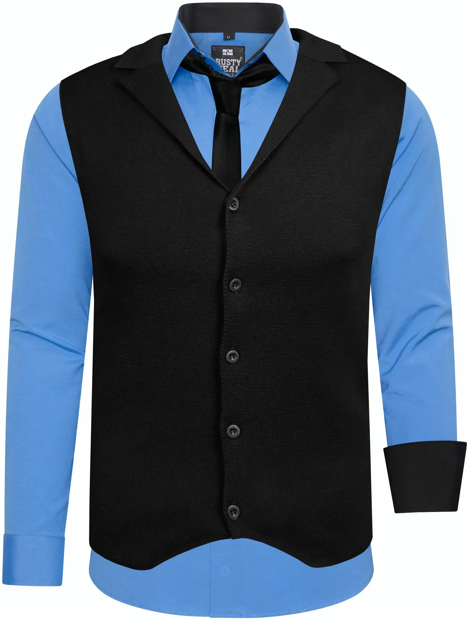 Langarmhemd RUSTY NEAL, Herren, Gr. 6XL, EURO-Größen, blau (dunkelblau), 60% Baumwolle, 37% Polyester, 3% Elasthan, mehrfarbig, ohne Ausschnitt, Hemden, bestehend aus Hemd, Weste und Krawatte