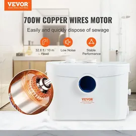 Vevor Hebeanlage, 700 W, 9600 l/h Durchfluss, 10 m Förderhöhe, Zerkleinerer-Abwasserpumpe mit 3 Wassereinlässen für Toilette, Keller, Küche, W...