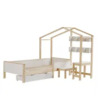 XDOVET Kinderbett Hausbett mit Schubladen,Regalen,Tisch und Hocker,Massivholz mit Schutzplatte