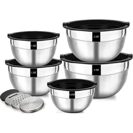 Wildone Salatschüssel 5er Set, Edelstahl Schüssel mit luftdicht Deckel, Größe 4.5l, 2.7l, 1.6l, 1.1l, 0.7l, Rührschüssel Schüsselset für die Küche...