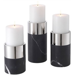 Casa Padrino Luxus Kerzenhalter Set Schwarz / Silber - 3 runde Marmor Kerzenhalter - Luxus Qualität - Deko Accessoires