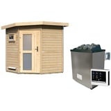 Woodfeeling Karibu Gartensauna Pultdach Saunahaus Pekka mit Eckeinstieg-9 kW Ofen inkl. Steuergerät-Milchglas-Saunatür (blickdicht) inkl. 8-teiligem gratis Zubehörpaket (Gesamtwert 191,92€)