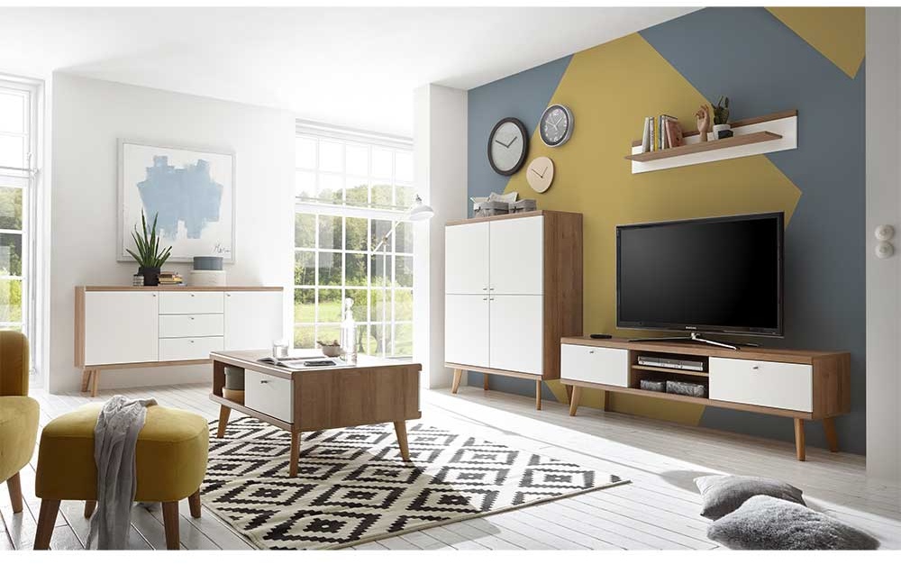 Moderne Wohnwand in Weiß und Eiche Skandi Design (fünfteilig)