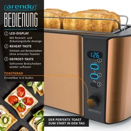 Arendo - Wasserkocher mit Toaster und Eierkocher SET Edelstahl Kupfer Wasserkocher 1,5L 40° - 100°C, Toaster 4 Scheiben LED-Display 6 Bräunungsgrade