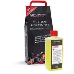 LotusGrill Buchenholzkohle 2,5 kg Sack inkl. LotusGrill Brennpaste 500 ml, beides entwickelt für raucharmes Grillen mit dem LotusGrill