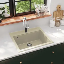 vidaXL Granitspüle Einzelbecken beige rechts Einbauspüle Handbetätigung 565 x 510 mm
