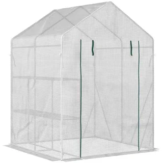 Outsunny Foliengewächshaus begehbares Gewächshaus mit 4 Regalebenen Tomatengewächshaus Treibhaus Frühbeet mit Reißverschlusstüren Weiß
