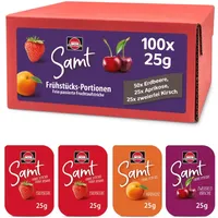 Schwartau Samt Portionen Mix-Box, Konfitüre Portionsschalen (50 x Erdbeere, 25 x Aprikose, 25 x zweierlei Kirsch), 100 x 25g
