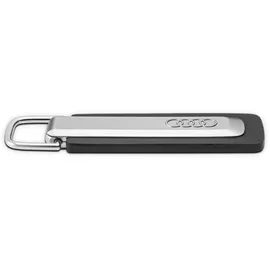 Audi Collection Audi Schlüsselanhänger Metall Leder Anhänger Schlüsselring Keyring Gravur, mit Q6 e-tron Schriftzug und Audi Ringe Logo, silber/schwarz