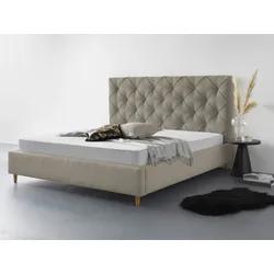 Polsterbett LEONIQUE "Louanne", braun (latte), B:198cm H:131cm L:221cm, Betten, mit schöner Knopfheftung im Rückenteil, inkl. Bettkasten