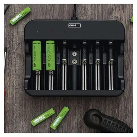 EMOS Akku-Ladegerät NiMH, NiCd für 6 Akkus, Schnell-Ladegerät 500 mA, für 1-6x AAA, AA, C, D, 9 V aufladbare Batterien, inkl. USB-C Kabel, Akkuschutz, Sicherheitsfunktionen