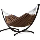 Potenza Outdoor Hängematte mit Gestell für 2 Personen I Baumwolle Doppelhängematte XXL 220x160, 200kg I Hängemattengestell 220kg, wetterfest (Toffee, Gestell Braun)