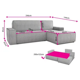 Sofnet Ecksofa Totti L Cord 2-Sitzer Grau