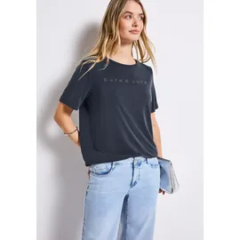 STREET ONE T-Shirt STREET ONE, Damen, Gr. 34, blau (deepwater blau), Stoff, 70% Modal, 30% Polyester, unifarben, normal normal, Rundhals, abgesteppt, Shirts T-Shirt, mit Wording