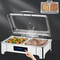 Aocay Chafing Dish Elektrisch, 9L Edelstahl Speisewärmer Buffetwärmer Elektrisch mit Sichtbarem Glasdeckel, Rechteckiger Warmhaltebehälter Essen Elektrisch Einstellbare Temperatur 35-90°C(B,1/2 Pan)