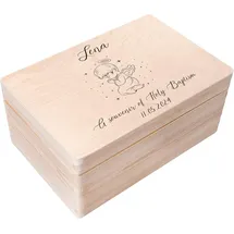 Creative Deco Personalisiert zur Taufe Geschenk für Mädchen und Junge | Engel Motiv | Holzkiste Erinnerungsbox Deko | Individuelles Geschenk Spielzeugkiste Holzbox mit Deckel | Spardose