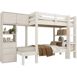 OKWISH Etagenbett mit LED-Nachtlicht Bewegungsmelder, Stauraum Schubladen Schrank Regal, versetztes Design stabil und platzsparend 100 x 200 cm Weiß