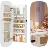 SONGMICS Schmuckschrank, Spiegelschrank, Schmuck-Organizer mit LED-Beleuchtung, abschließbar, Wandschrank mit Spiegel, für Ohrring, Halskette, Weihnachten, Weiß-Greige JJC026W01