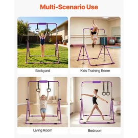Vevor Gymnastikstange für Kinder mit 63,5 kg Tragkraft, Klappbares Turnreck mit Turnringen, Höhenverstellbare Turnstange für Indoor- und Outdoor-Training, Heimtrainingsgerät für Kinderturnen, Lila
