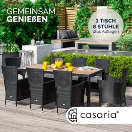 CASARIA CASARIA® Gartenmöbel Set Holz Polyrattan 8 Gartenstühle Stapelbar 190x90cm Esstisch Akazie Wetterfest Outdoor Terrasse Sitzgruppe Essgruppe Schwarz