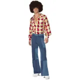 70er Jahre Retro Herren Disco Kostüm Hemd Denim-Hose Jeans Patchwork Bad Taste Dancefloor Schlagermove Festival, Größe:XL