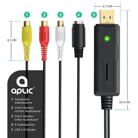 Aplic USB Audio Video Grabber - VHS - Videoadapter zur Bearbeitung, USB zu S-Video, Composite, Cinch