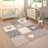 Paco Home Kinderteppich »Cosmo 339«, rechteckig, 16 mm Höhe, Kurzflor, Pastell-Farben, 3D-Effekt, Motiv Herz, Punkte & Krone beige