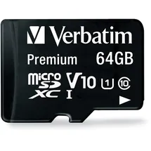 Verbatim Premium Micro SDXC Speicherkarte mit Adapter, 64 GB, Datenspeicher für Foto- und Video-Aufnahmen, Micro SD Karte in schwarz, ideal für Handy, Kamera oder Tablet