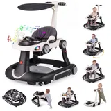 COSTWAY 7 in 1 Lauflernhilfe mit Verdeck, Lauflerwagen mit einstellbarer Höhe & Geschwindigkeit, Baby Walker klappbar mit Spielboard, Musik, Licht & Rädern, Gehfrei Baby ab 6 Monaten (Schwarz)