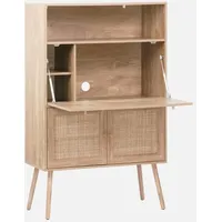 sweeek - Schreibschrank / Sekretär, 2 Türen und Regale, Holzeffekt, und Rohrgeflecht,